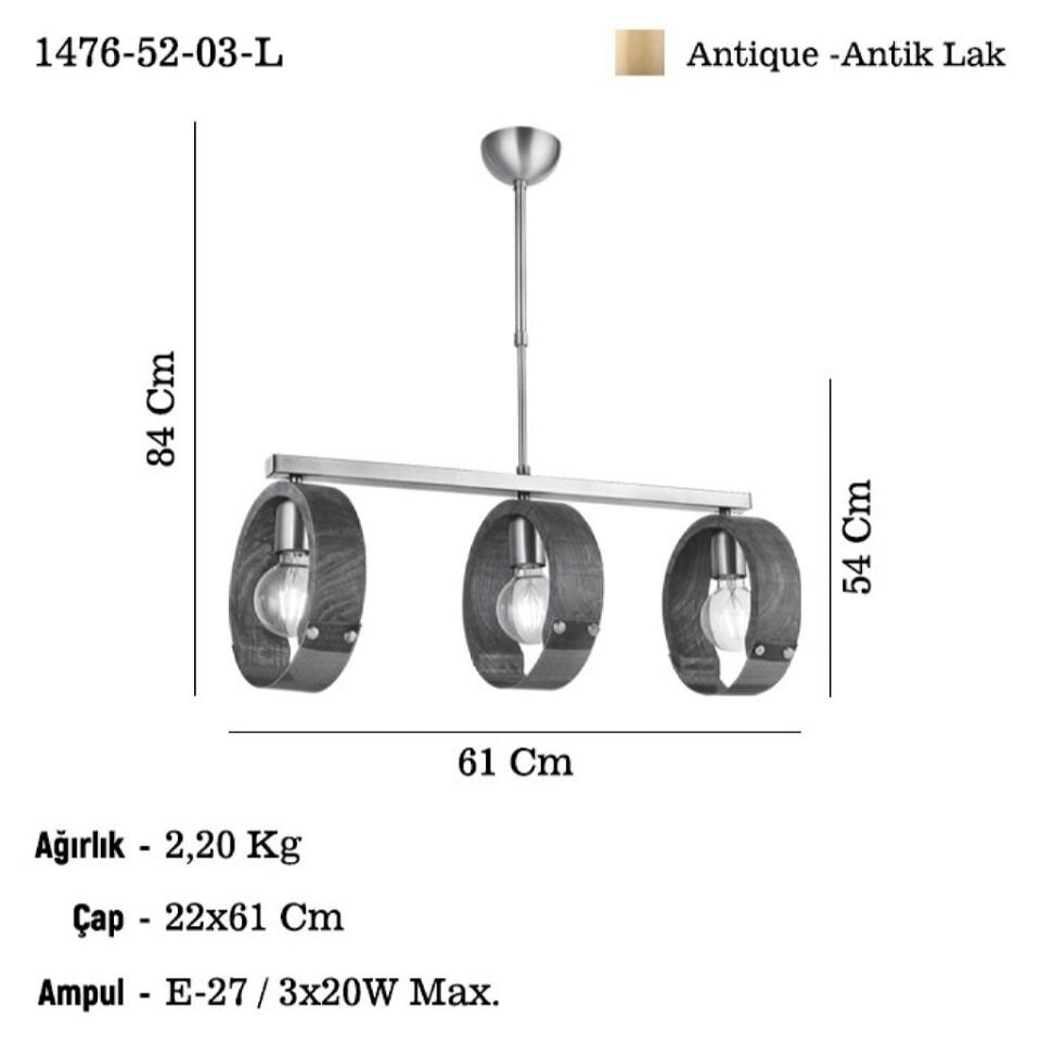 MANYA 3 LÜ SIRALI AHŞAPLI ANTİK AVİZE 3XE27