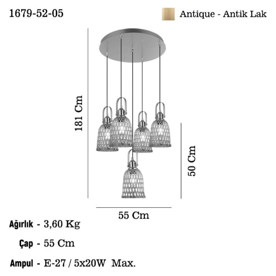 NATURA 4+1 ANTIK LAK SARKIT AVİZE 5XE27