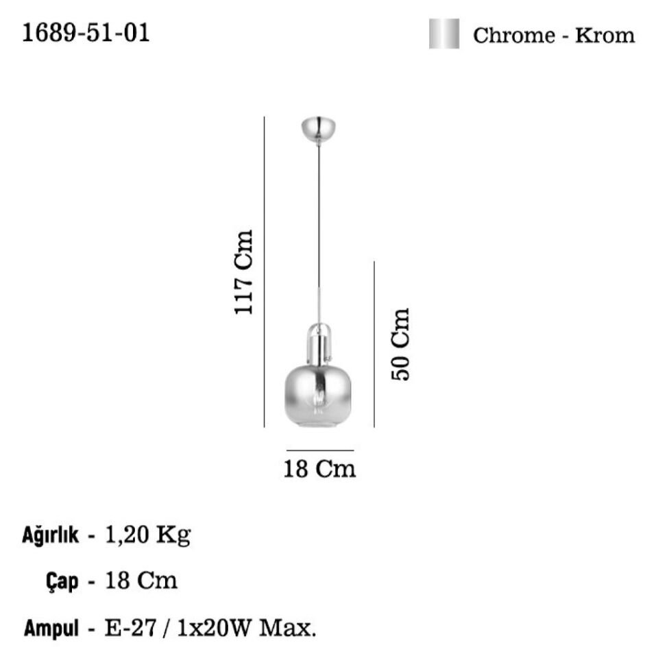 MARNE TEKLİ KROM SARKIT AVIZE 1XE27