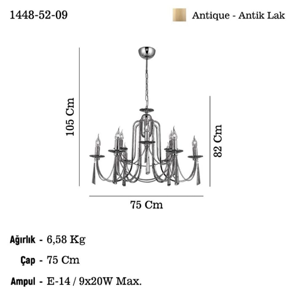 KONTES 9’lu Antik Lak Avize (6+3)